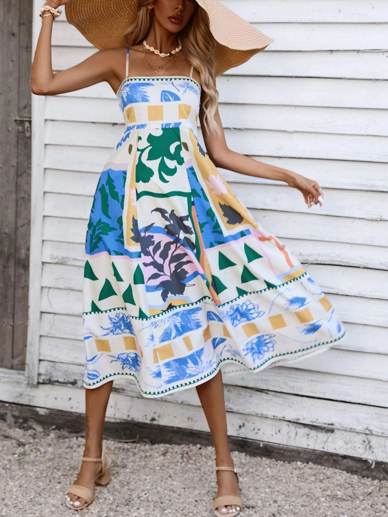 Graphic Print Fit & Flare Midi Dress