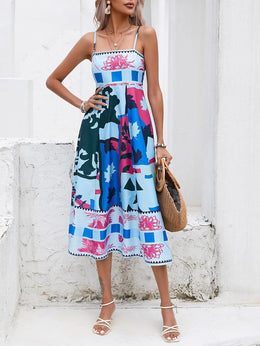 Blue Abstract Printed Smocked Fit & Flare Midi Dress