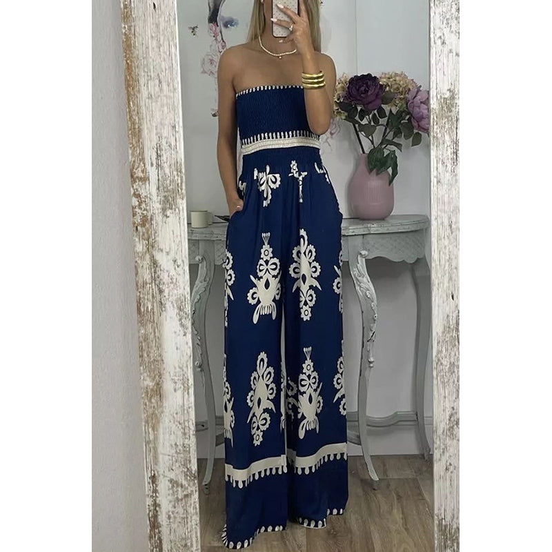Navy Blue Ethnic Motifs Printed Strapless Jumpsuit