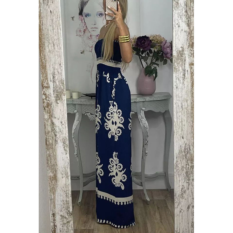 Navy Blue Ethnic Motifs Printed Strapless Jumpsuit