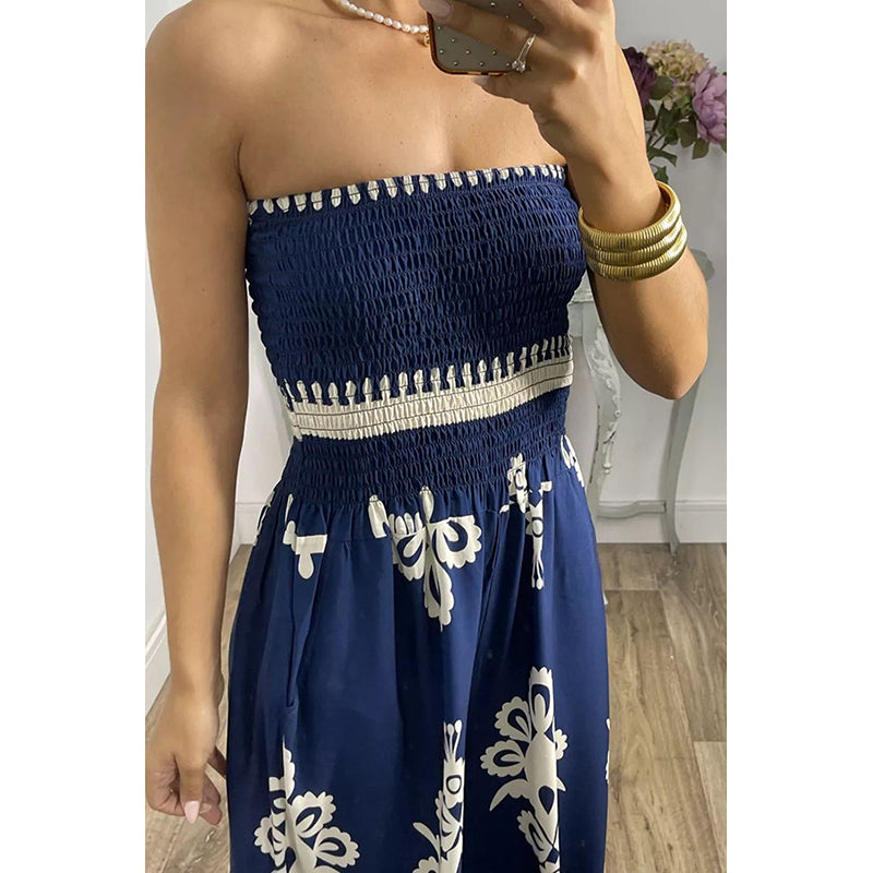 Navy Blue Ethnic Motifs Printed Strapless Jumpsuit
