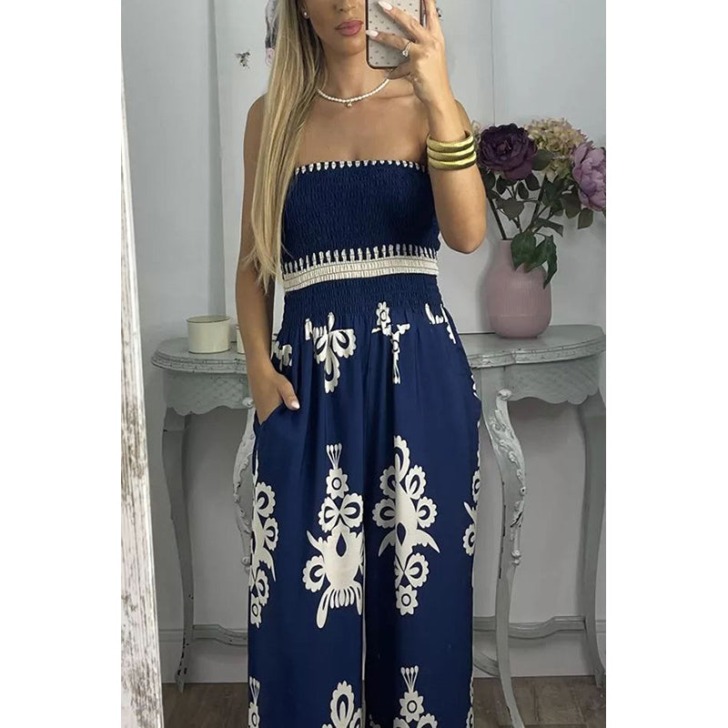 Navy Blue Ethnic Motifs Printed Strapless Jumpsuit