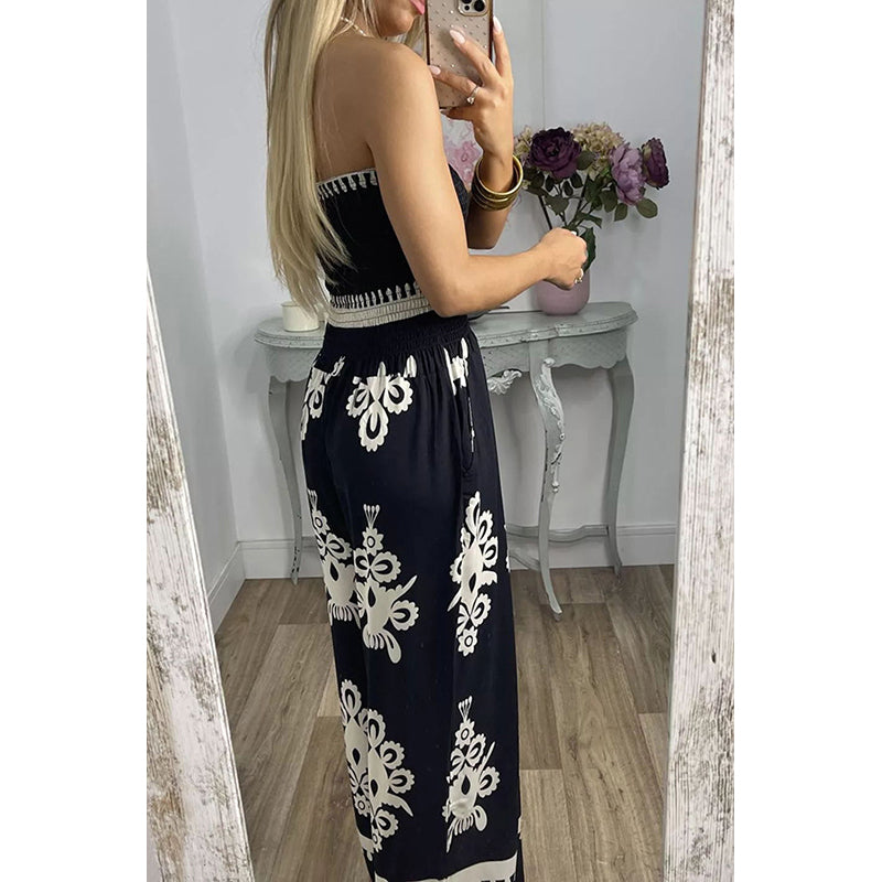 Black & White Strapless Ethnic Motifs Printed Basic Jumpsuit