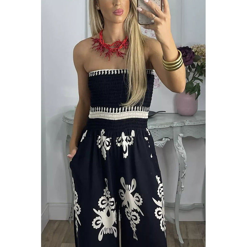 Black & White Strapless Ethnic Motifs Printed Basic Jumpsuit