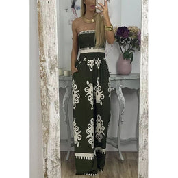 Green & White Strapless Smocked Basic Jumpsuit