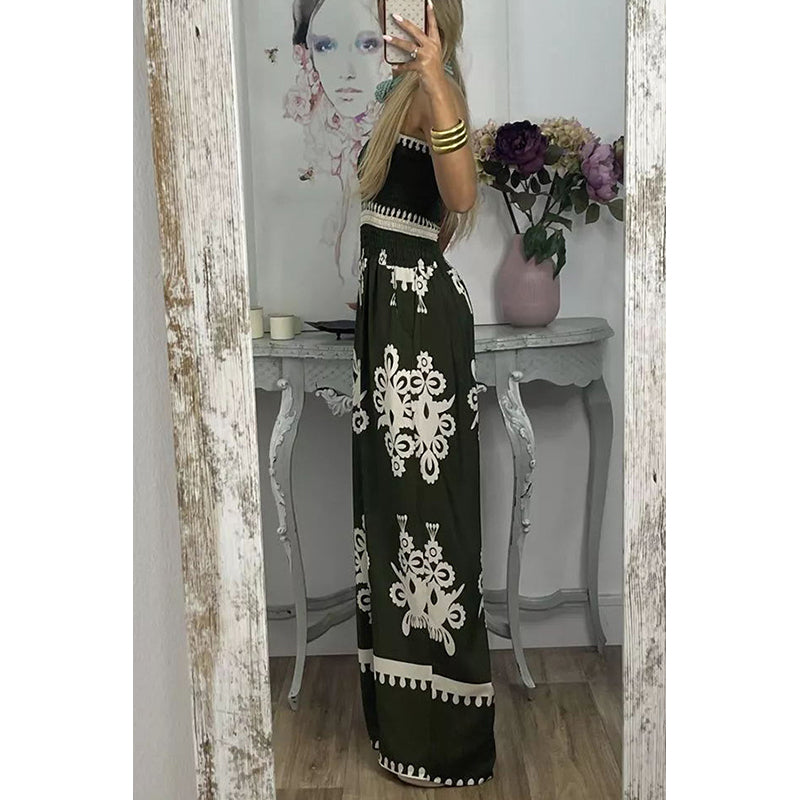 Green & White Strapless Smocked Basic Jumpsuit