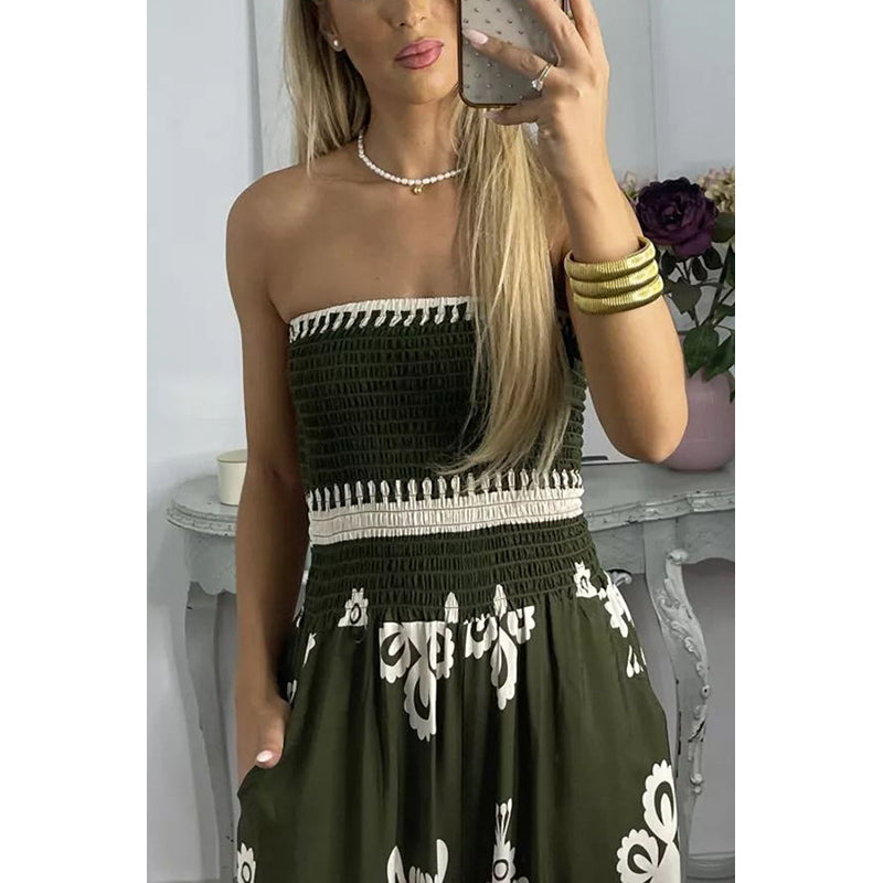Green & White Strapless Smocked Basic Jumpsuit