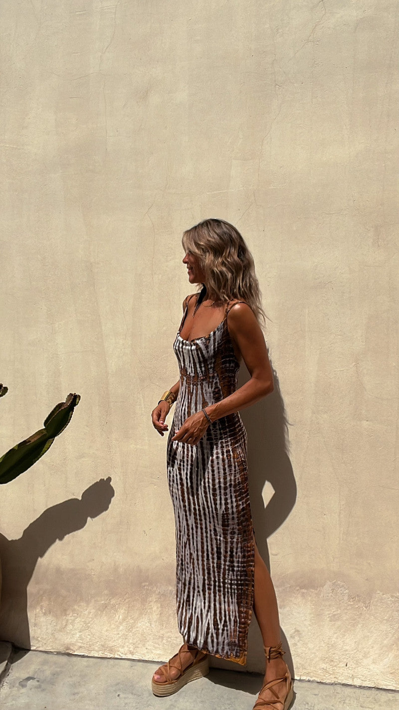 Abstract Printed Shoulder Straps Bodycon Maxi Dress