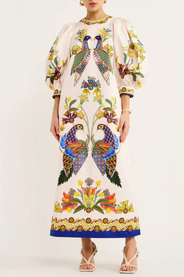 White Ethnic Motifs Printed Puffed Sleeves A-Line Midi Dress