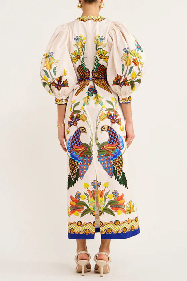 White Ethnic Motifs Printed Puffed Sleeves A-Line Midi Dress