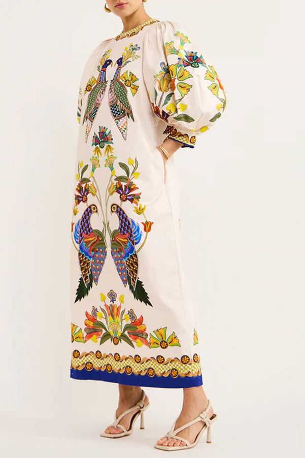 White Ethnic Motifs Printed Puffed Sleeves A-Line Midi Dress