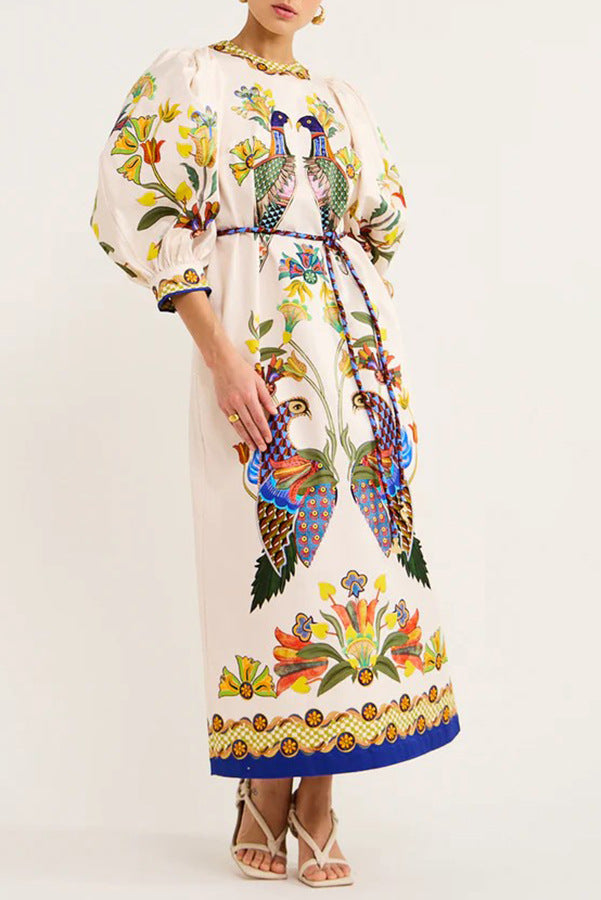 White Ethnic Motifs Printed Puffed Sleeves A-Line Midi Dress
