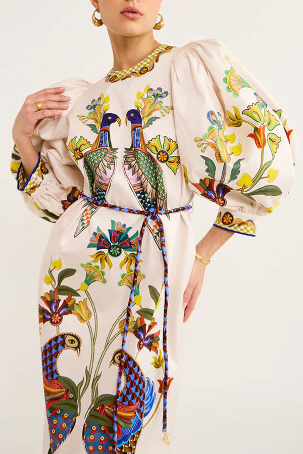 White Ethnic Motifs Printed Puffed Sleeves A-Line Midi Dress