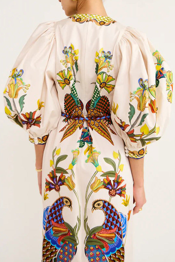 White Ethnic Motifs Printed Puffed Sleeves A-Line Midi Dress