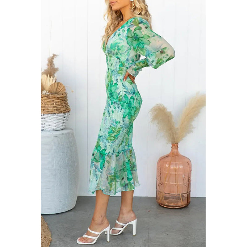 Green Floral Printed Cuffed Sleeves Smocked Sheath Midi Dress