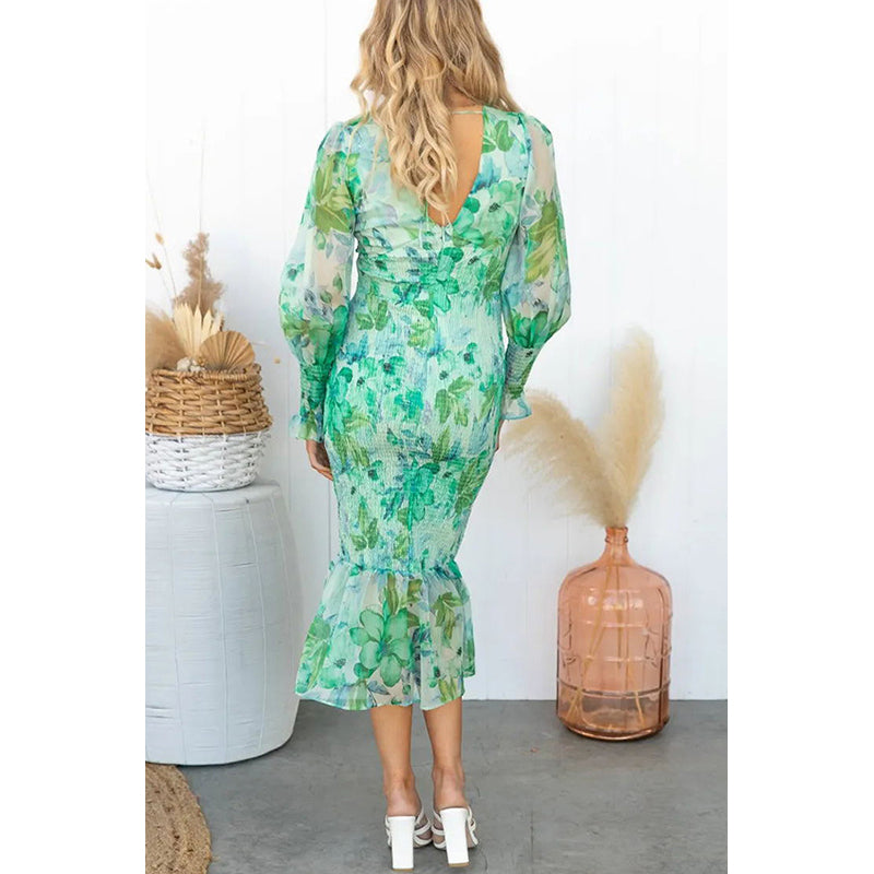 Green Floral Printed Cuffed Sleeves Smocked Sheath Midi Dress
