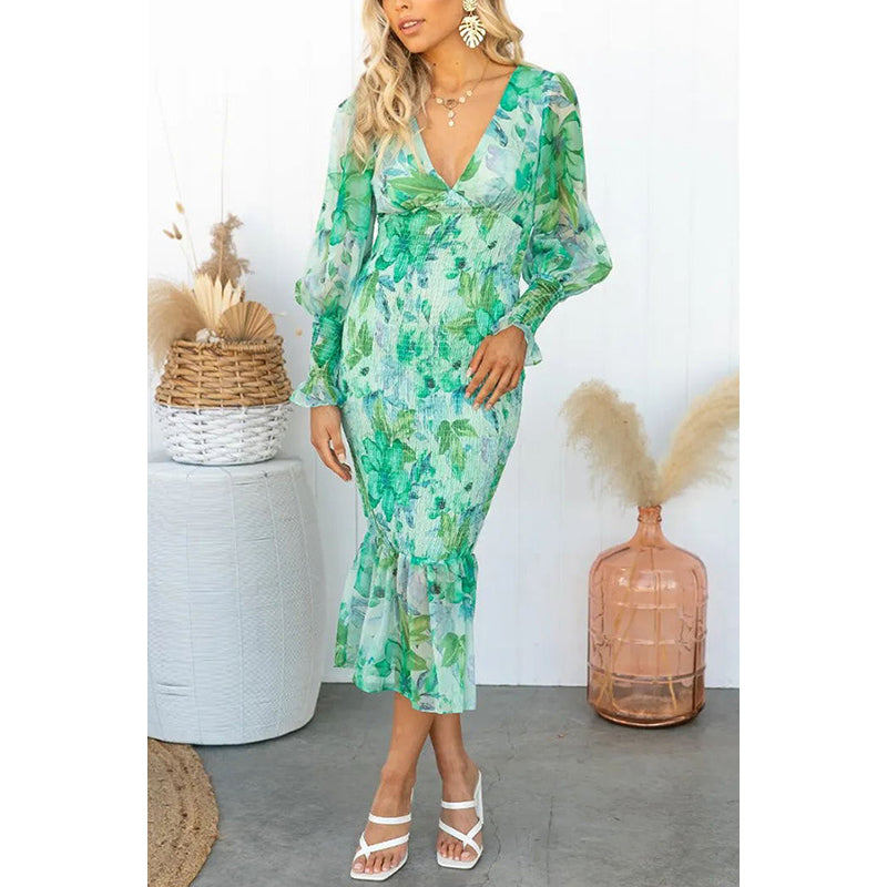 Green Floral Printed Cuffed Sleeves Smocked Sheath Midi Dress