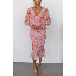 Pink Floral Printed Smocked Detail Sheath Midi Dress