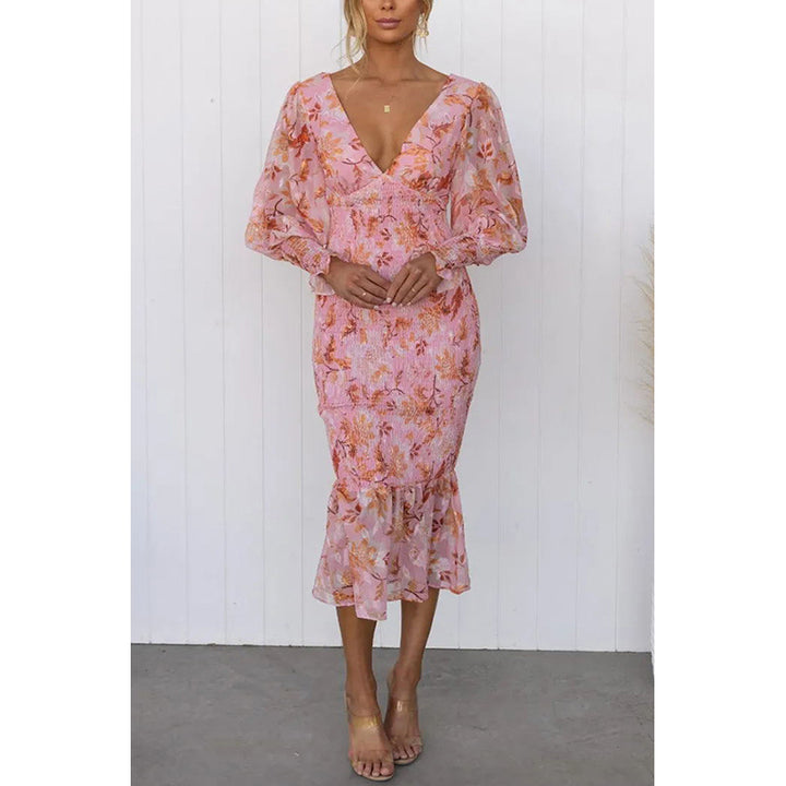 Pink Floral Printed Smocked Detail Sheath Midi Dress