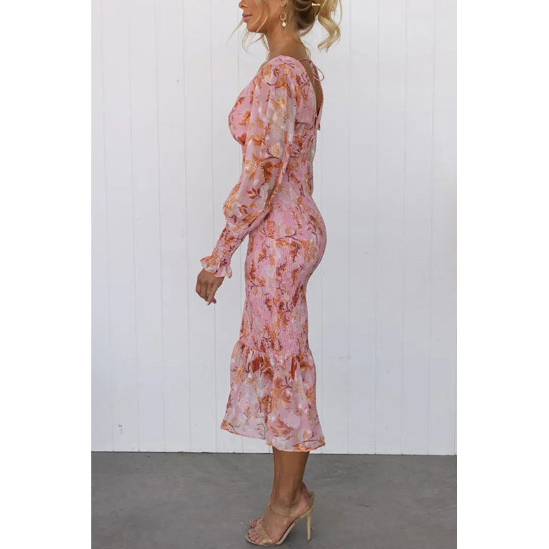 Pink Floral Printed Smocked Detail Sheath Midi Dress