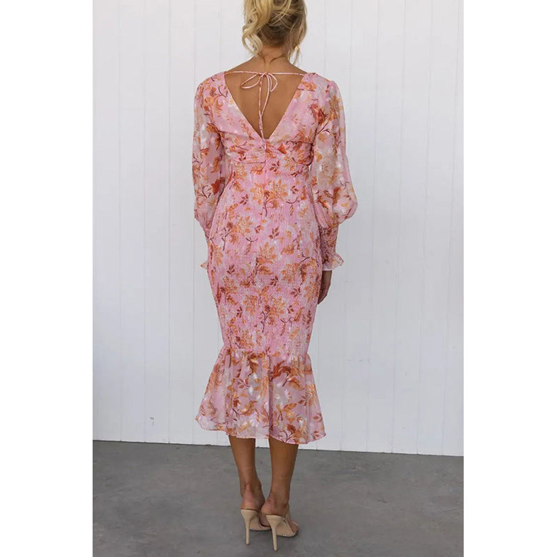 Pink Floral Printed Smocked Detail Sheath Midi Dress