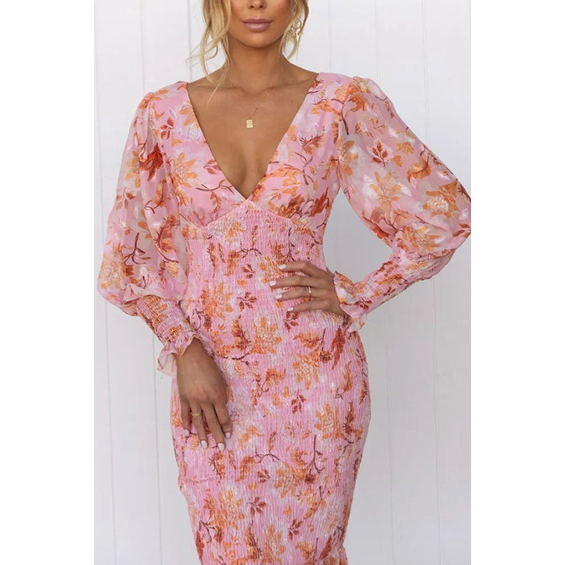 Pink Floral Printed Smocked Detail Sheath Midi Dress
