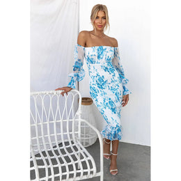 Blue & White Printed Off-Shoulder Puff Sleeves Smocked Gathered Sheath Dress