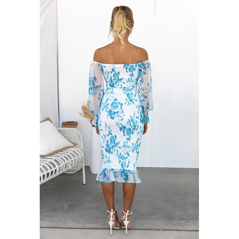 Blue & White Printed Off-Shoulder Puff Sleeves Smocked Gathered Sheath Dress