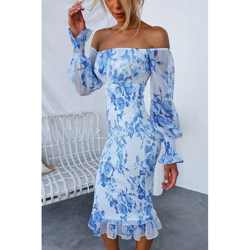 Blue & White Printed Off-Shoulder Puff Sleeves Smocked Gathered Sheath Dress