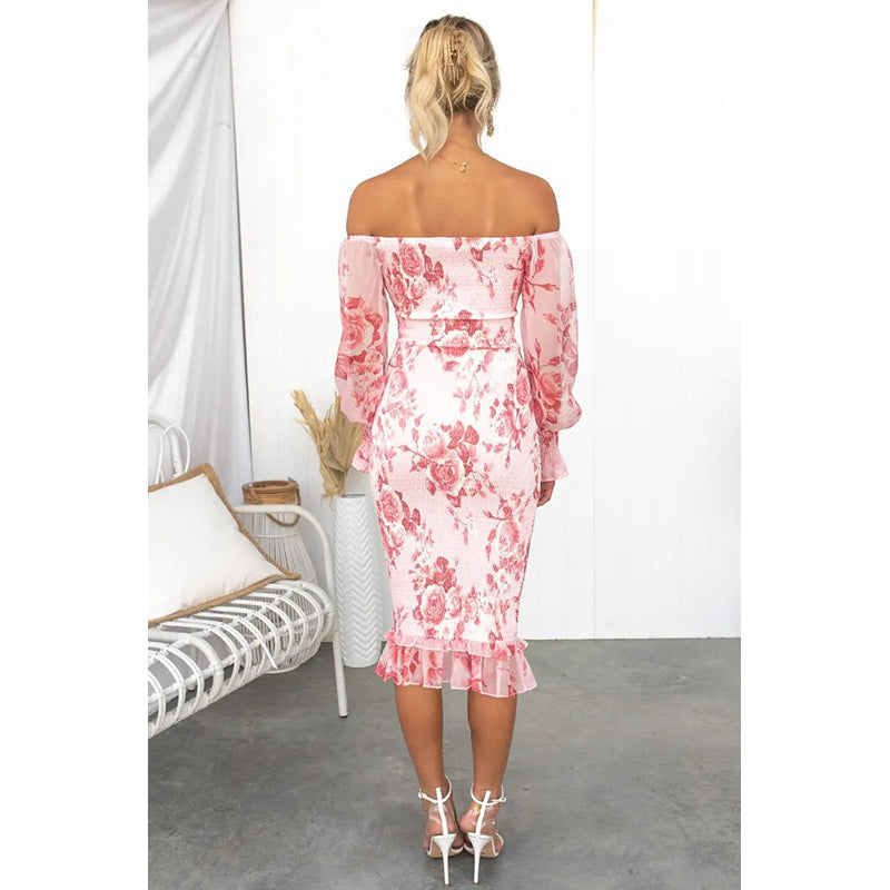 Pink Floral Printed Off-Shoulder Puff Sleeves Smocked Detailed Sheath Midi Dress
