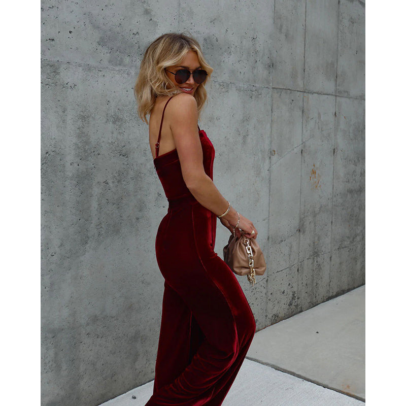Maroon Shoulder Straps Basic Jumpsuit