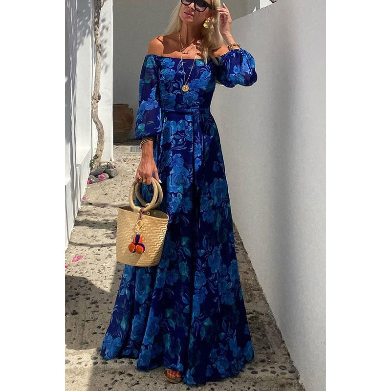 Floral Print Off-Shoulder Cuffed Sleeves Maxi Dress