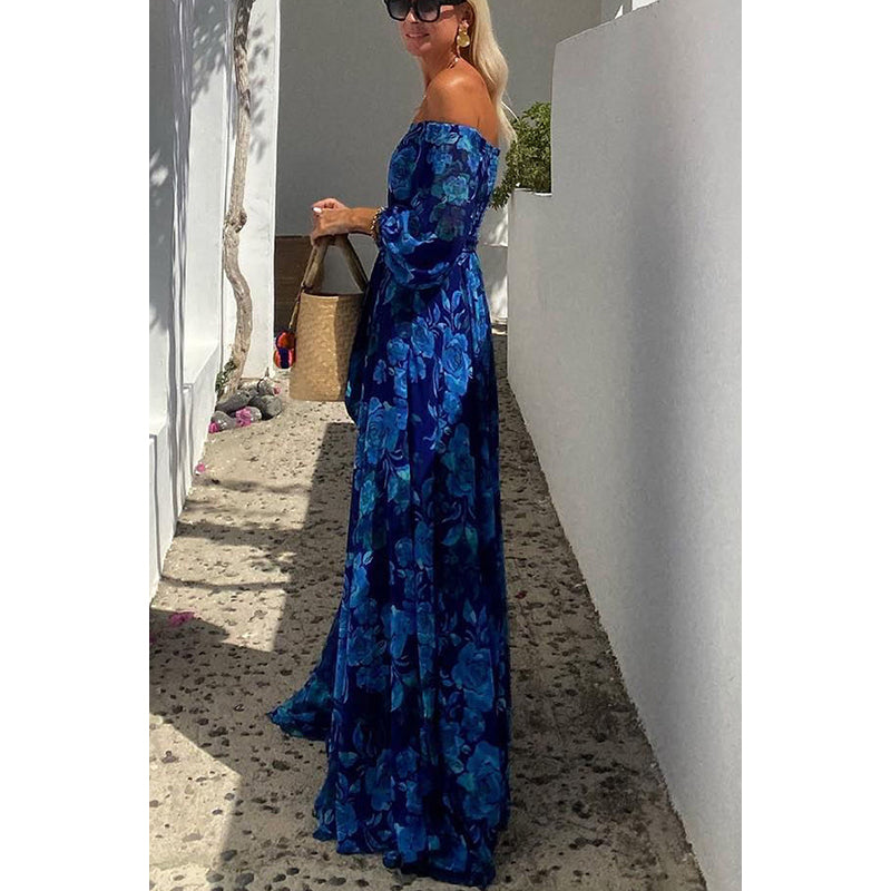 Floral Print Off-Shoulder Cuffed Sleeves Maxi Dress