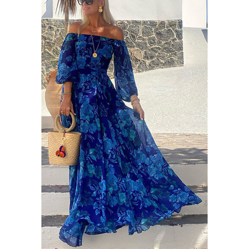 Floral Print Off-Shoulder Cuffed Sleeves Maxi Dress