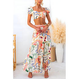 Beige & Orange Abstract Printed Top with Skirt