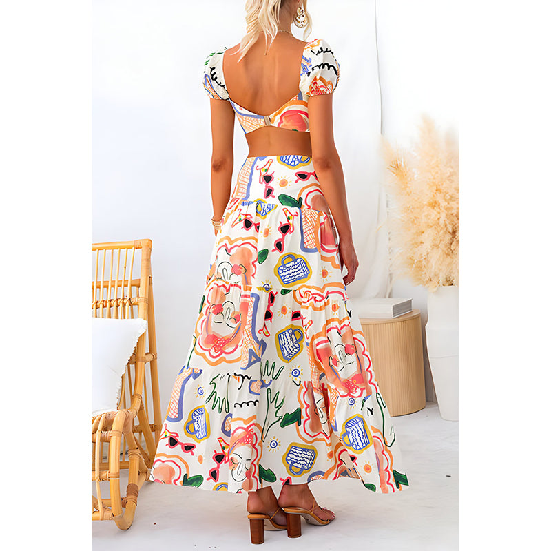 Beige & Orange Abstract Printed Top with Skirt