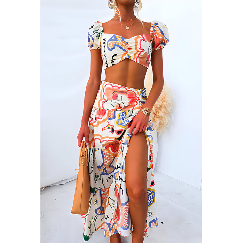Beige & Orange Abstract Printed Top with Skirt