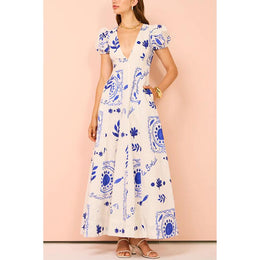 Printed Puff Sleeve Chiffon A-Line Maxi Dress