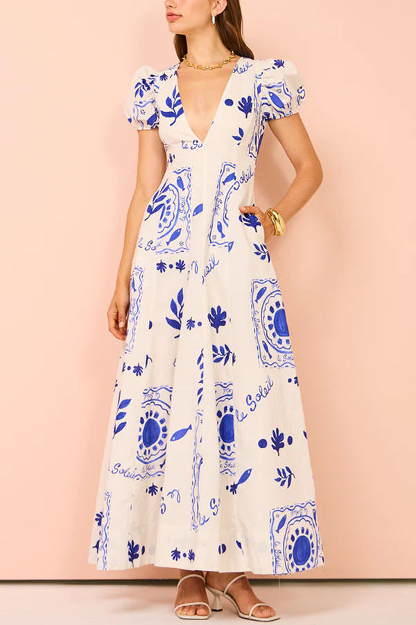Printed Puff Sleeve Chiffon A-Line Maxi Dress