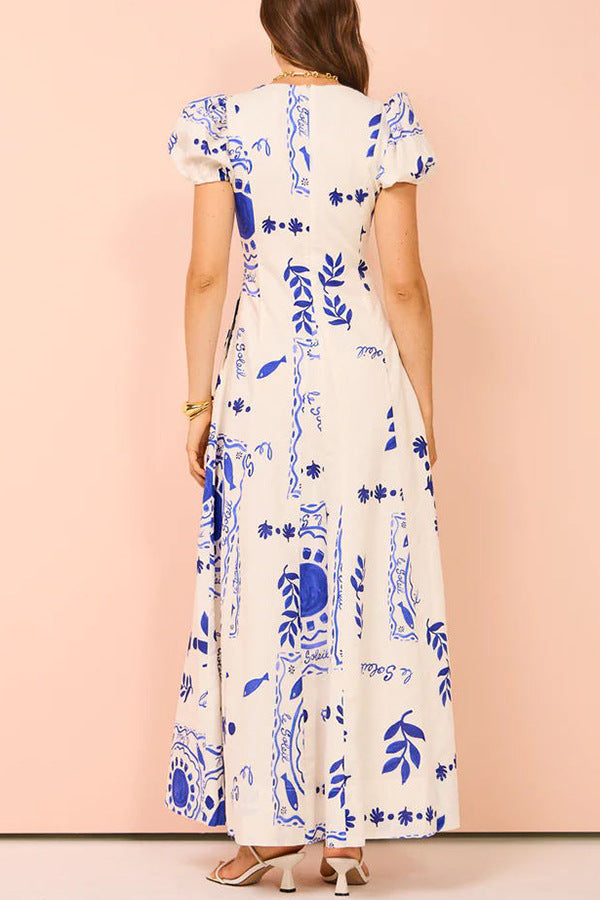 Printed Puff Sleeve Chiffon A-Line Maxi Dress