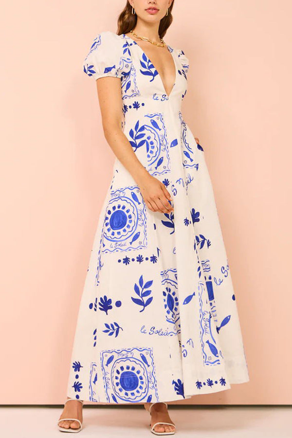 Printed Puff Sleeve Chiffon A-Line Maxi Dress