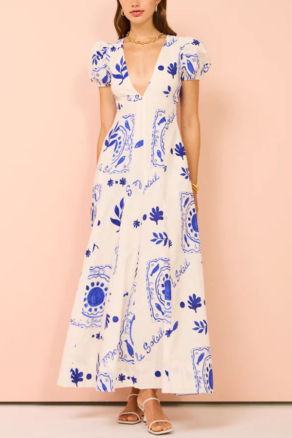 Printed Puff Sleeve Chiffon A-Line Maxi Dress