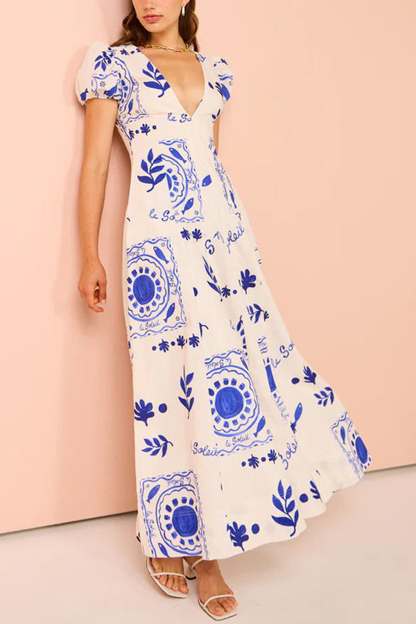 Printed Puff Sleeve Chiffon A-Line Maxi Dress