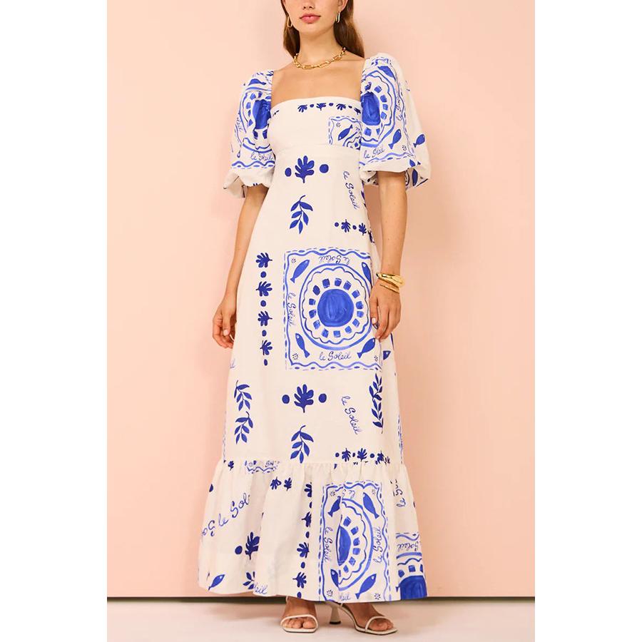 Puff Sleeves Abstract Maxi Dress