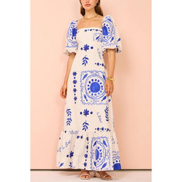 Puff Sleeves Abstract Maxi Dress
