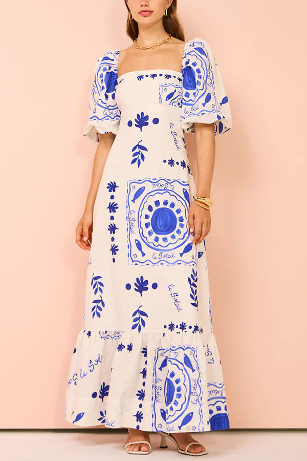 Puff Sleeves Abstract Maxi Dress