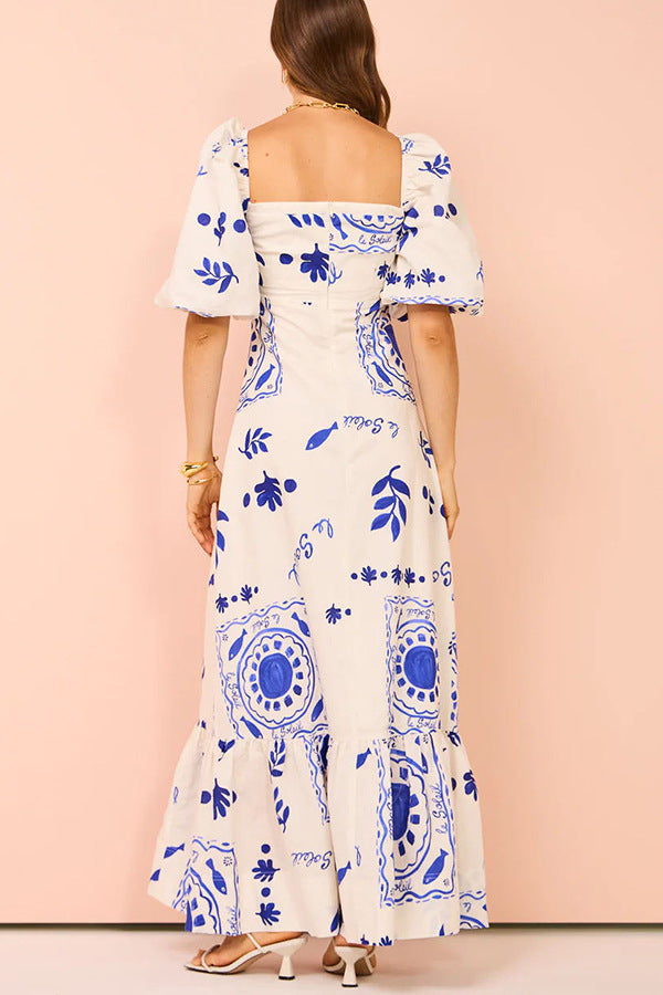 Puff Sleeves Abstract Maxi Dress