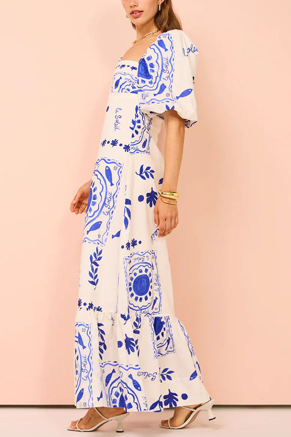 Puff Sleeves Abstract Maxi Dress
