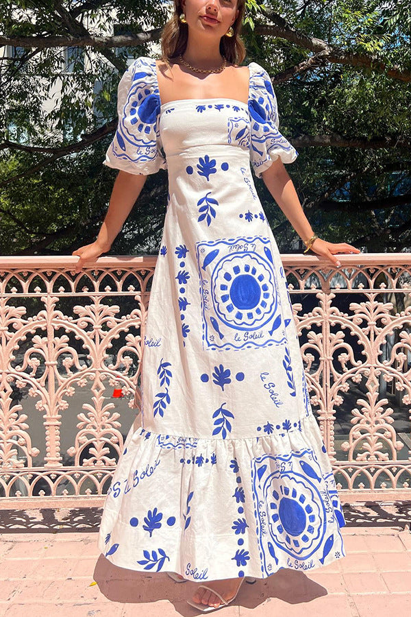 Puff Sleeves Abstract Maxi Dress