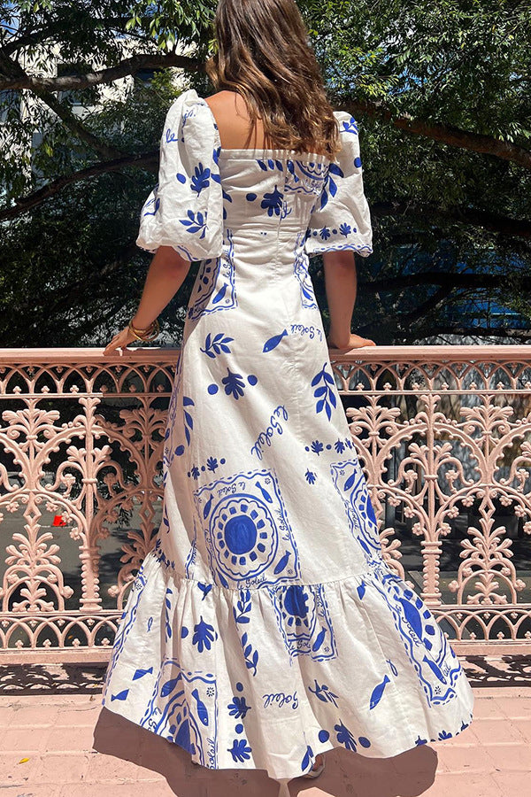 Puff Sleeves Abstract Maxi Dress